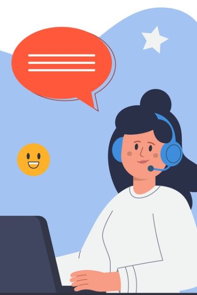 Female customer service worker sitting at laptop. Call center operator in headphones flat vector illustration. Customer support, communication concept for banner, website design or landing web page